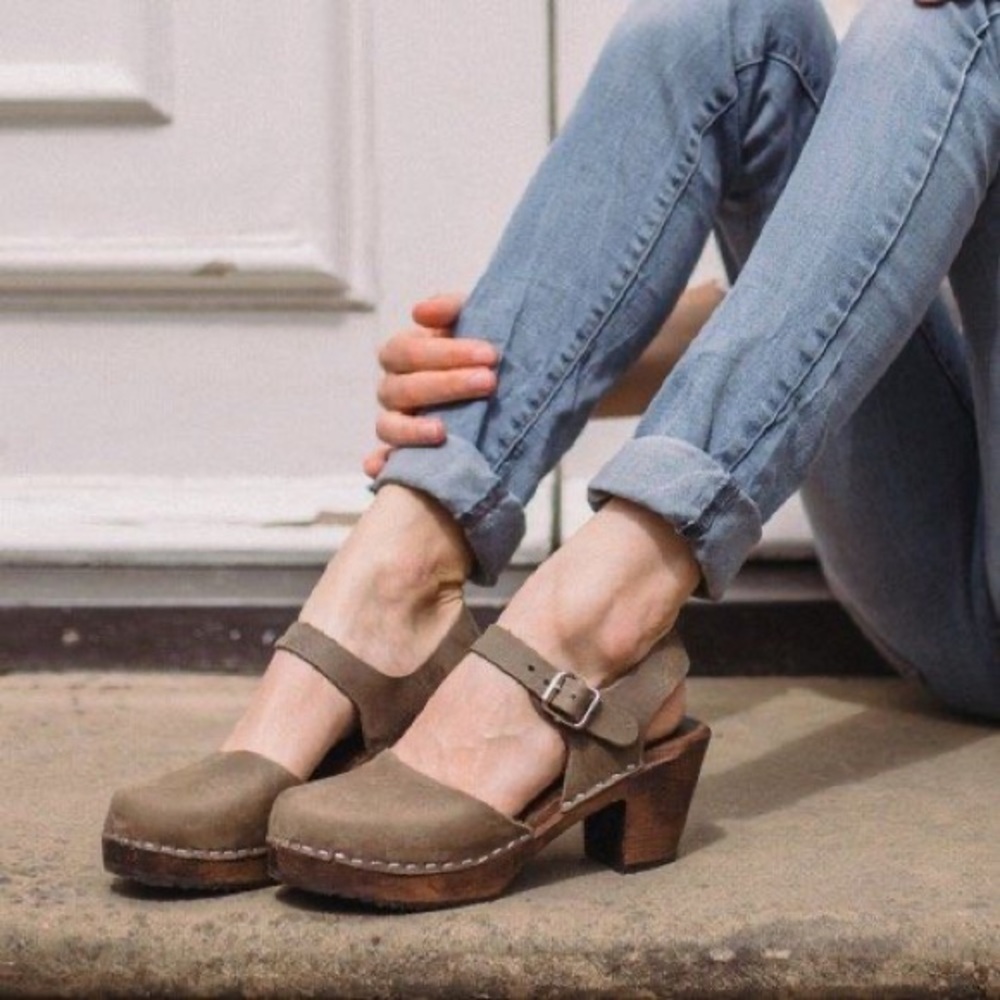 Lotta from Stockholm Highwood Taupe Clogs in Oiled Nubuck Leather on Brown Base